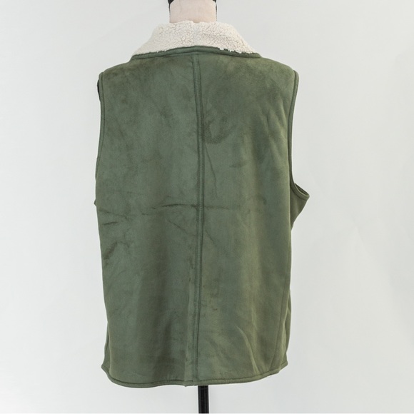 Gorpcore cozy warm faux Suede vest wide collar sherpa lining green Denim & Co XL - Picture 3 of 14